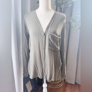 Helmut Lang Olive Green Button-Front Fluid Silk Blouse Medium